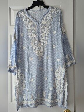 Blue Chikankari Embroidered Cotton Kurti XL Boho Tunic